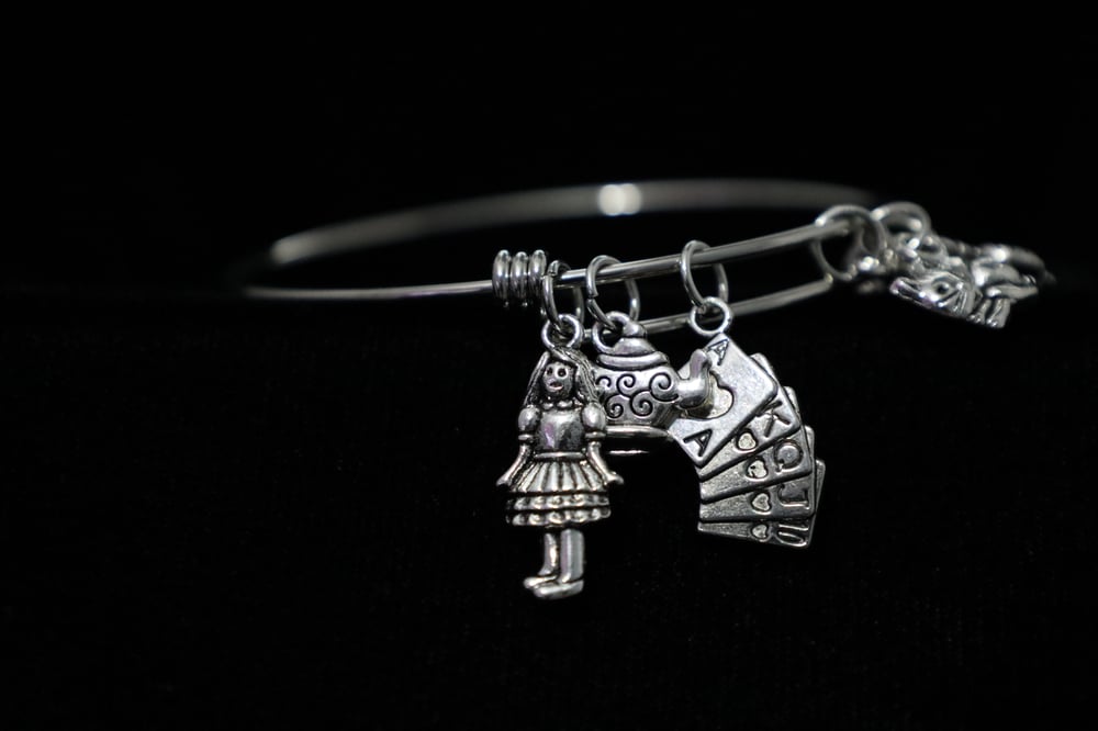 Alice in Wonderland Charms Stainless Steel Adjustable Bangle Bracelet