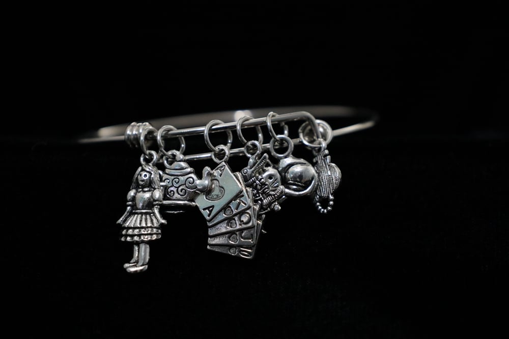 Alice in Wonderland Charms Stainless Steel Adjustable Bangle Bracelet