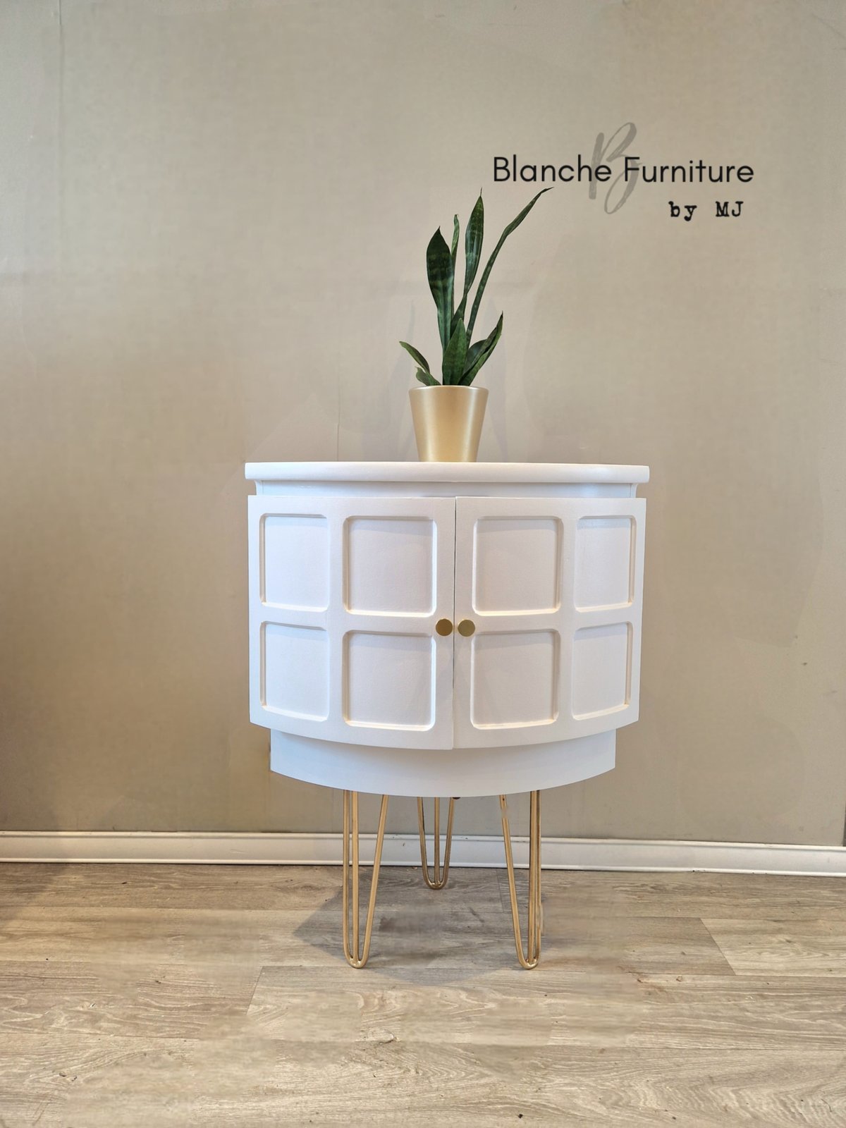 Image of Low Nathan Corner Drinks Cabinet in White on Gold Hairpin legs