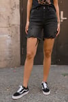 HIGH RISE DISTRESSED MID THIGH SHORTS - Late MAY RISEN DENIM