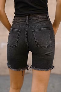 Image 2 of HIGH RISE DISTRESSED MID THIGH SHORTS - Late MAY RISEN DENIM
