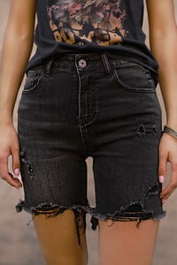 Image 3 of HIGH RISE DISTRESSED MID THIGH SHORTS - Late MAY RISEN DENIM