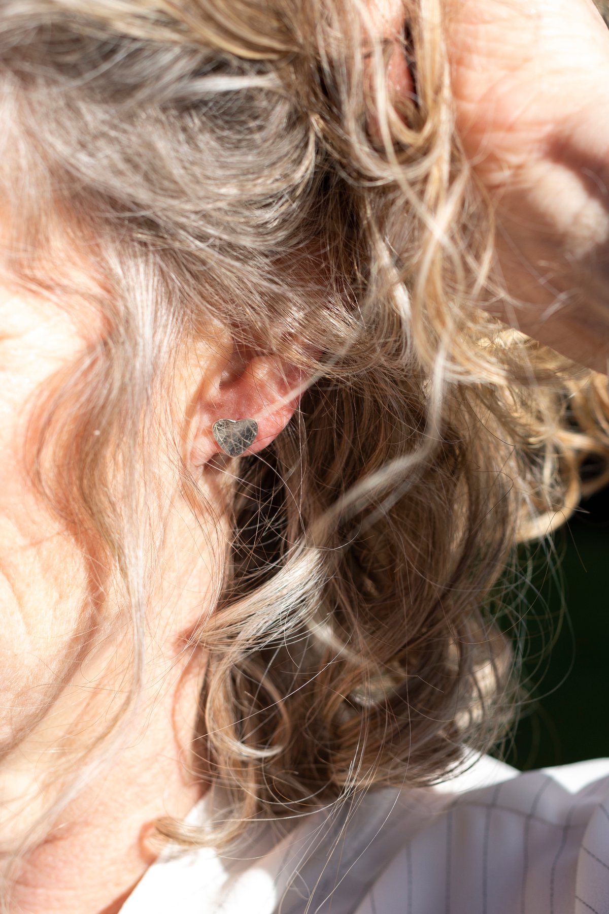 Image of Petal imprint heart studs, recycled sterling silver.