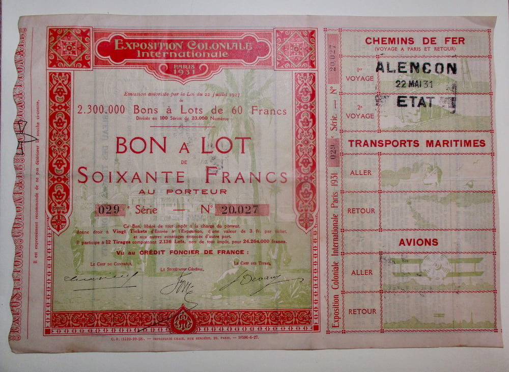 1931 PARIS WORLD'S FAIR, STOCK CERTIFICATE #ON0873