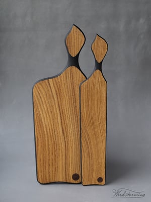 Image of Ebonized oak serving boards with leaf shape handles - set of two