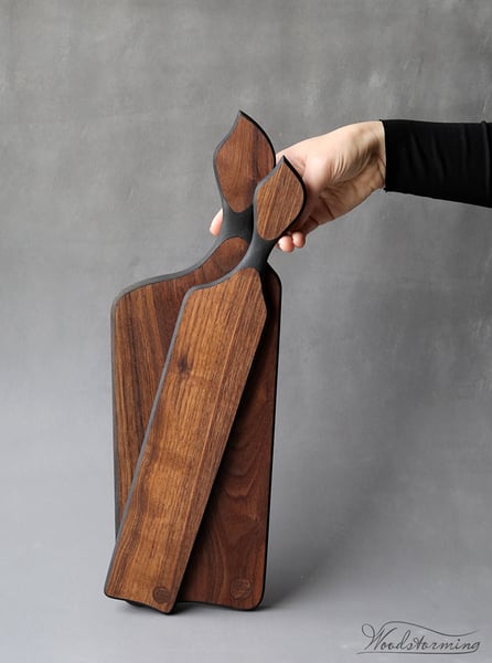 Image of Ebonized walnut serving boards with leaf shape handles - set of two