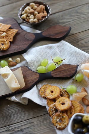 Image of Ebonized walnut serving boards with leaf shape handles - set of two