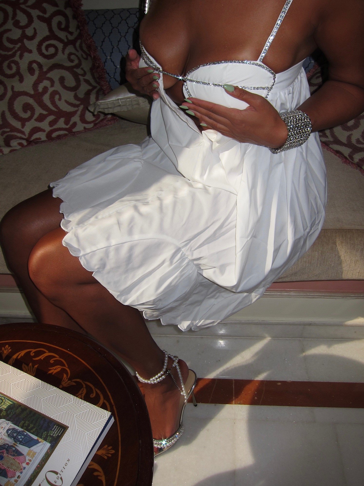 Image of WHITE RHINESTONE BABY DOLL MINI DRESS (S)