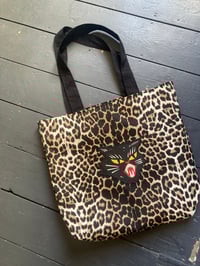 Image 1 of Black cat patch leopard large lined tote bag