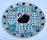 Image 1 of Black swan small round earthenware handbuilt and decorated plate