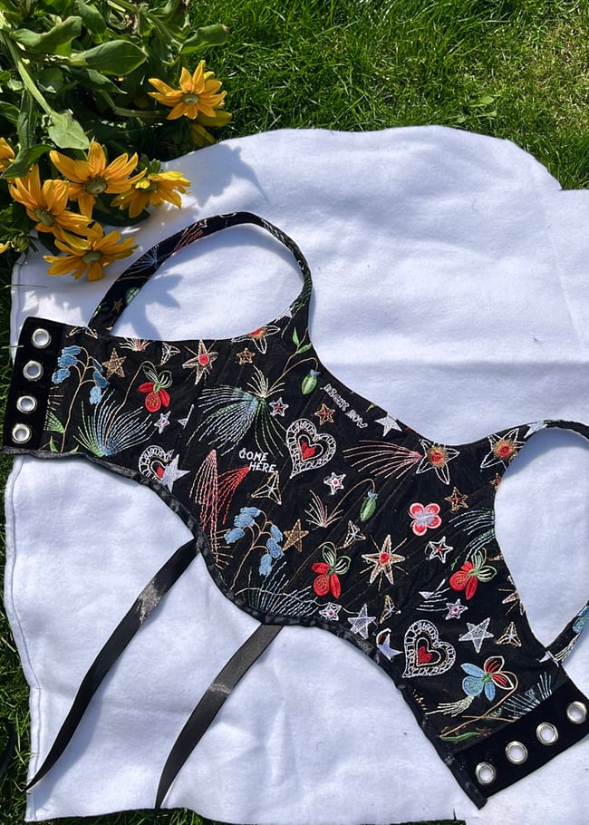 Stars, flowers, constellations, and hearts embroidered tulle Velvet handmade corset