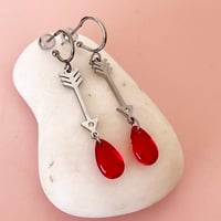 Image 3 of Arrow and Red Glass Droplet Half Hoops - Stainless