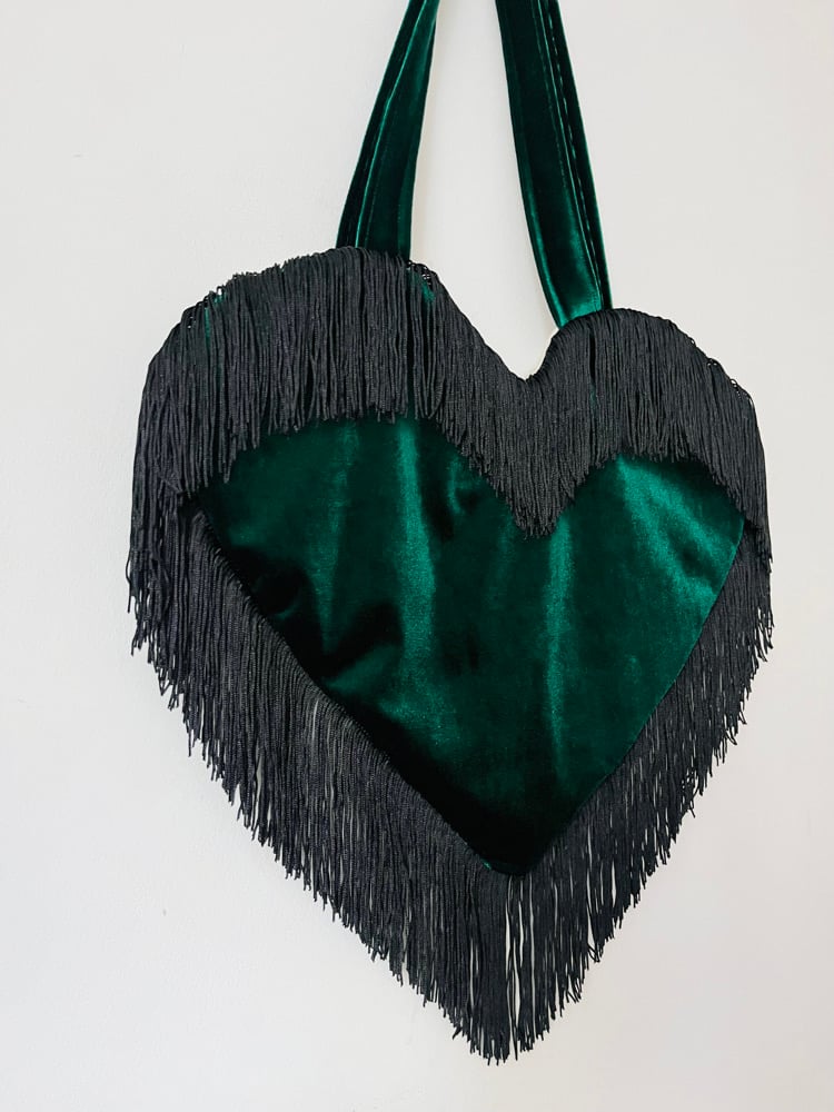 Image of 💚 Deep Emerald Velvet Heart Bag with Black Tassel Trim 💚