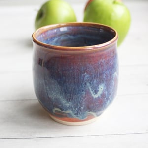 Image of Pottery Mug in Bright Blue and Purple Glazes, 14 oz. Coffee Cup, Made in USA