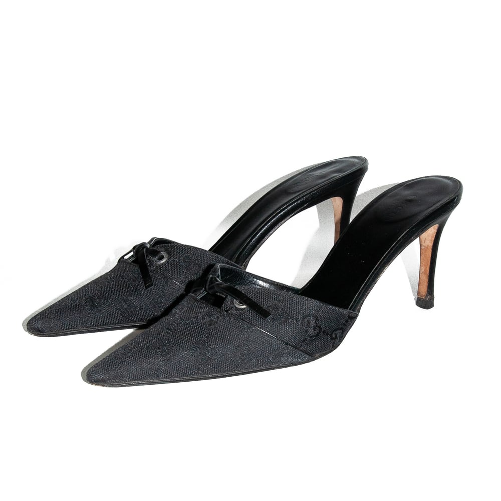 Image of Gucci Pointed High Heel Mules Black Monogram