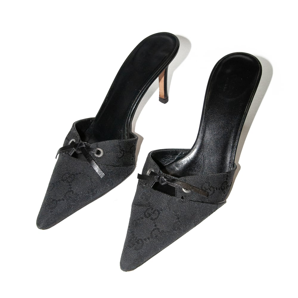 Image of Gucci Pointed High Heel Mules Black Monogram