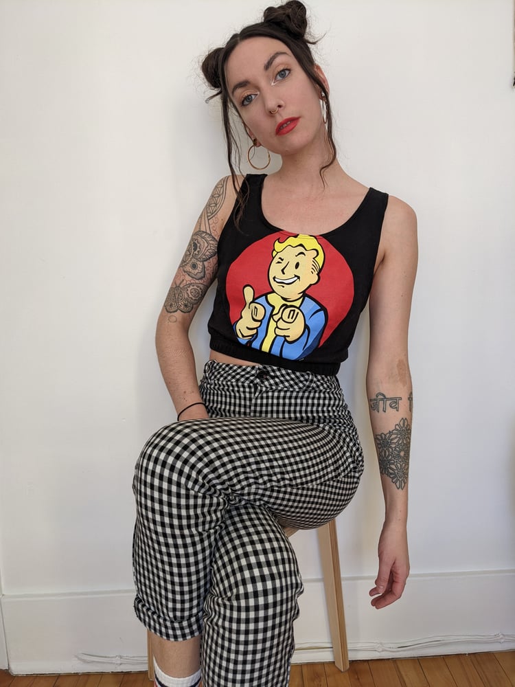 Image of XSmall-ish Up-cycled Fallout Graphic Cinch Crop