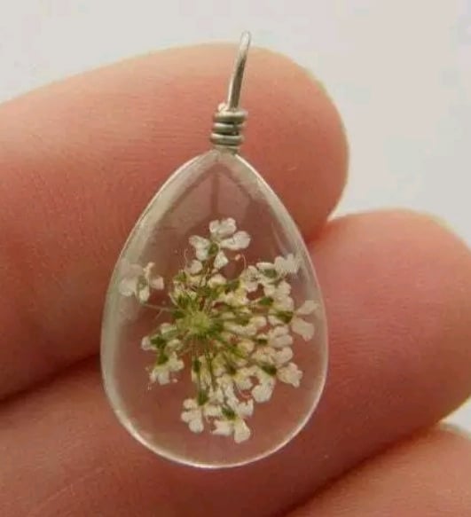 Image of Dried flower glass pendant necklace.   WHITE FLOWERS