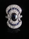 French Art Deco Platinum natural sapphire and old cut diamond pave set ring