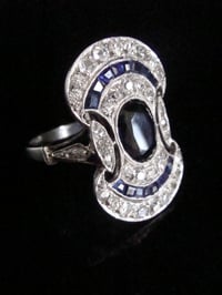 Image 2 of French Art Deco Platinum natural sapphire and old cut diamond pave set ring
