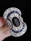French Art Deco Platinum natural sapphire and old cut diamond pave set ring
