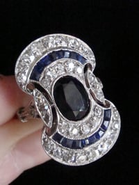 Image 3 of French Art Deco Platinum natural sapphire and old cut diamond pave set ring