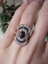 Image 5 of French Art Deco Platinum natural sapphire and old cut diamond pave set ring