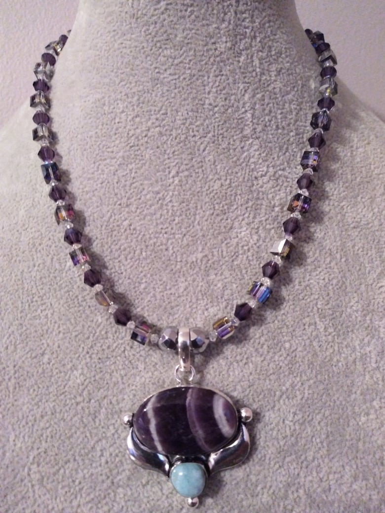 Image of BANDED AMETHYST AND LARIMAR PENDANT WITH SWAROVSKI CUBED BEADS