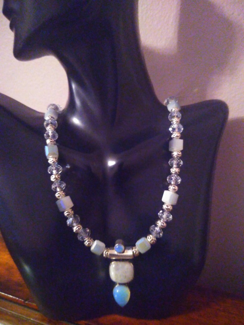 Image of MOONSTONE AND FIRE OPAL PENDANT NECKLACE WITH TIBETAN BEADS