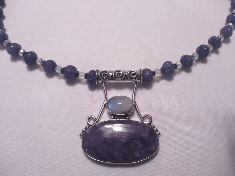 Image of CHAROITE AND MOONSTONE PENDANT WITH CARVED SAPPHIRE BEADS