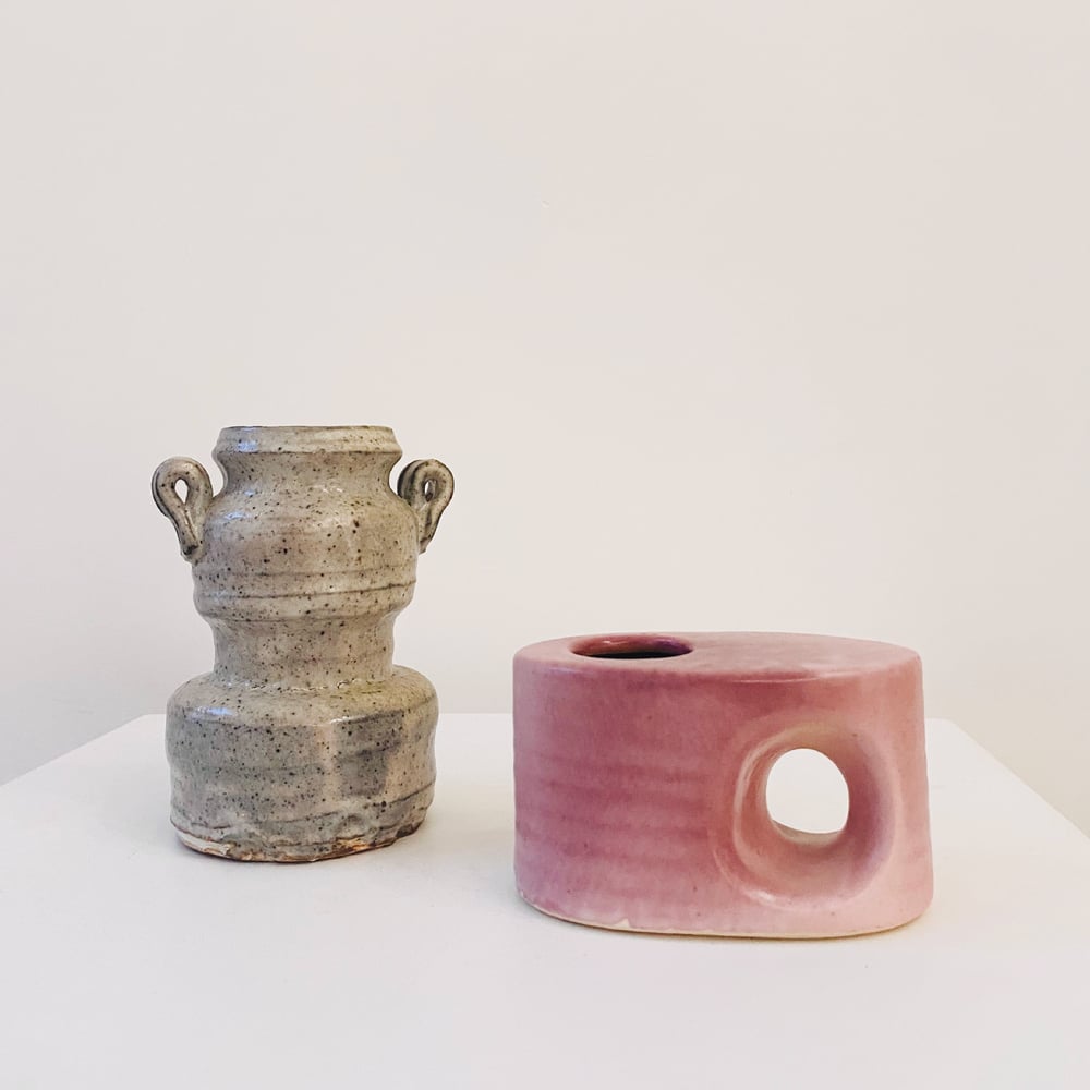 Image of A Japanese art vessel and a vintage Dutch pink oval block vase 