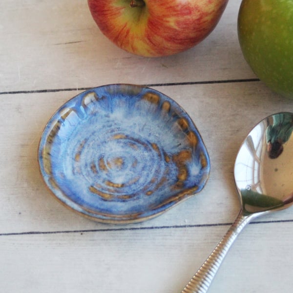 Image of Small Spoon Rest in Swirly Blue Glaze, Ceramic Coffee Station Spoon Dish, Made in USA
