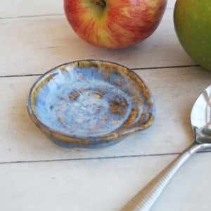 Image of Small Spoon Rest in Swirly Blue Glaze, Ceramic Coffee Station Spoon Dish, Made in USA
