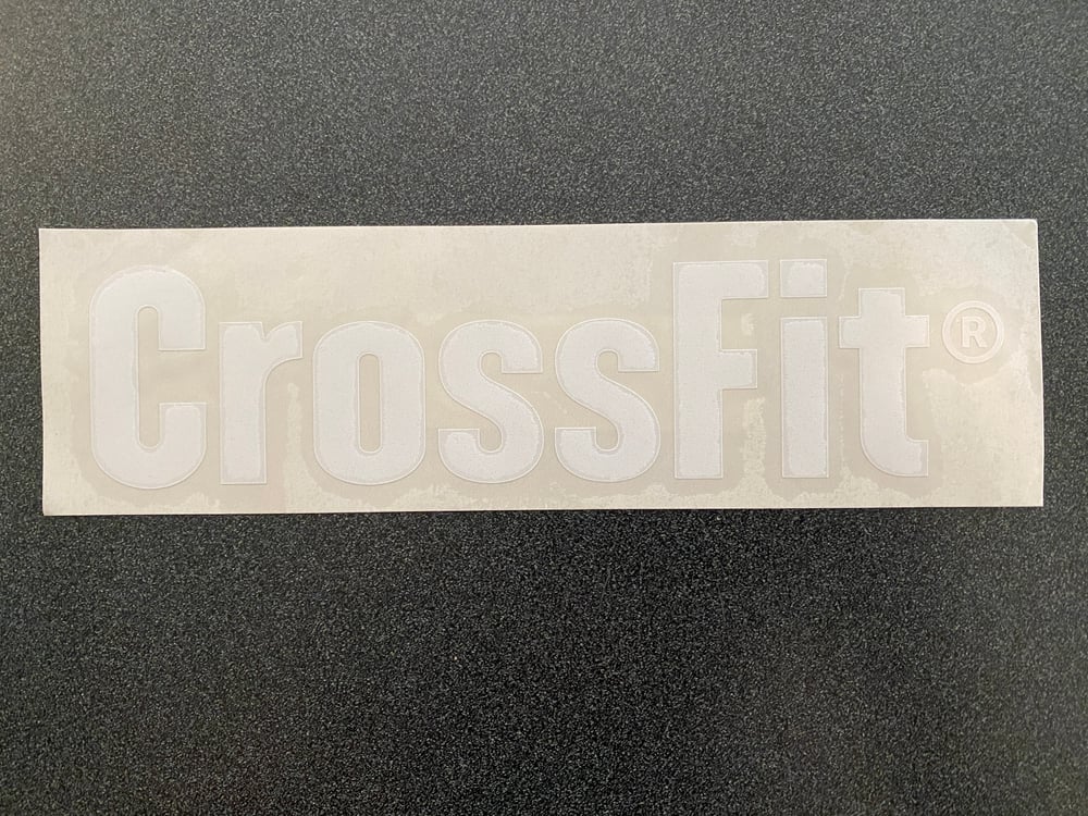 Image of White CrossFit logo Sticker 7 3/4" x 1 3/4" tall