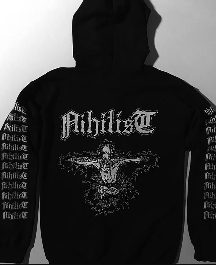 Image of Nihilist " Radiation Sickness " Hooded Sweatshirt with logo Sleeve prints