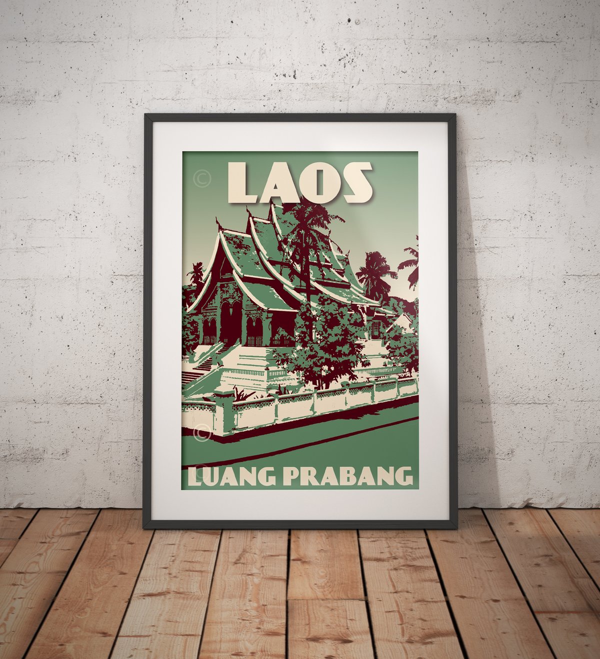 Image of  Vintage poster Laos | Luang Prabang | Wat Ho Phra Bang | Fine Art Print | Tropical green color