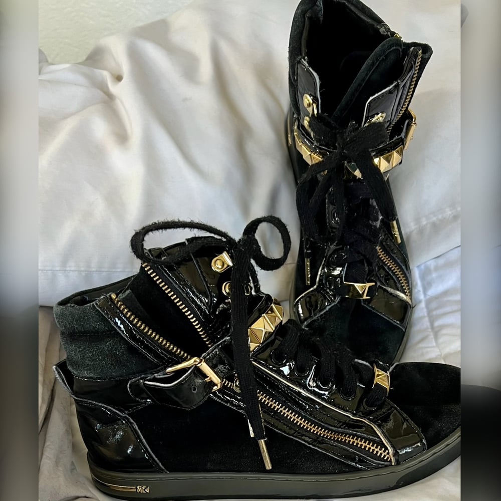 Michael Kors Black Glam Gold Studded High Fashion Sneakers + Free Signed 8x10