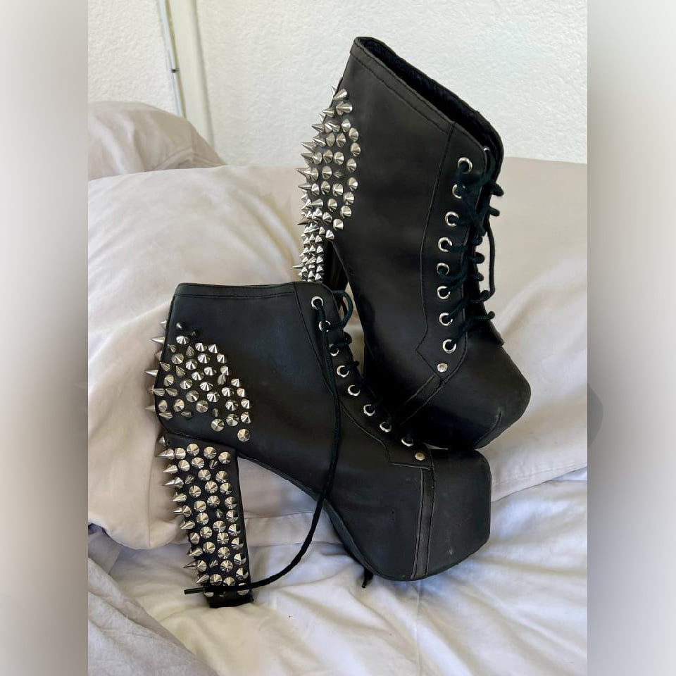 Jeffrey Campbell Black & Silver Spiked Heel Lace Up Boots + Free Signed 8x10