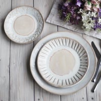 Image 1 of Dinnerware Place Setting, Three Piece White and Ocher Handmade Dinner Plates Made in USA