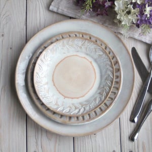 Image of Dinnerware Place Setting, Three Piece White and Ocher Handmade Dinner Plates Made in USA