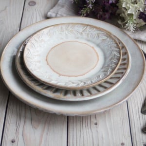 Image of Dinnerware Place Setting, Three Piece White and Ocher Handmade Dinner Plates Made in USA