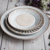 Image 3 of Dinnerware Place Setting, Three Piece White and Ocher Handmade Dinner Plates Made in USA