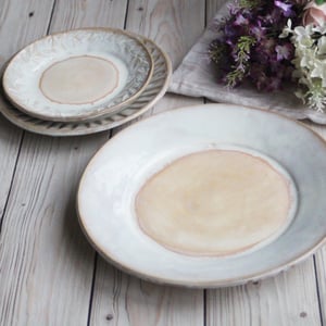 Image of Dinnerware Place Setting, Three Piece White and Ocher Handmade Dinner Plates Made in USA