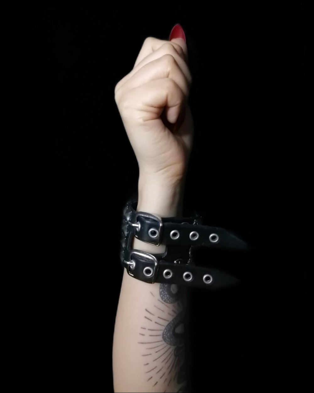 Leather Cuff with Four Rows of Pyramid Studs