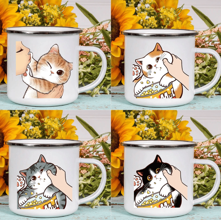 Image of Cartoon Cat Print Enamel Coffee Tea Mugs