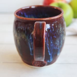 Image of Deep Red Pottery Mug with Drippy Gold Glazes, 15 oz. Stoneware Coffee Cup Made in USA