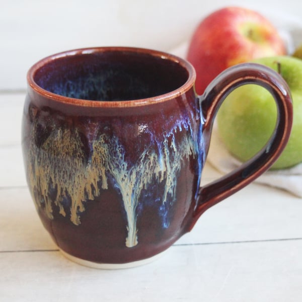 Image of Deep Red Pottery Mug with Drippy Gold Glazes, 15 oz. Stoneware Coffee Cup Made in USA