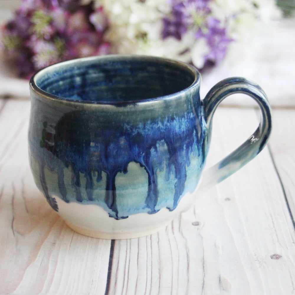 Image of Handmade Blue and White Pottery Mug with Dripping Glazes, 14 oz. Coffee Cup, Made in USA