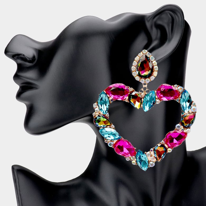 Image of Heart Cluster Earrings, Rhinestone Heart Earrings, Large Bling Earrings