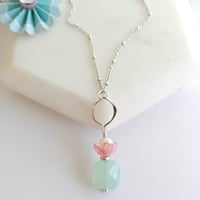 Image 2 of Easy Breezy Fresh Air Aqua Chalcedony, Pink Glass, + White Pearl Necklace